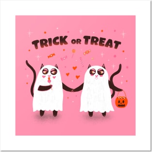 Trick or treat. Black ghost cats Halloween illustration Posters and Art